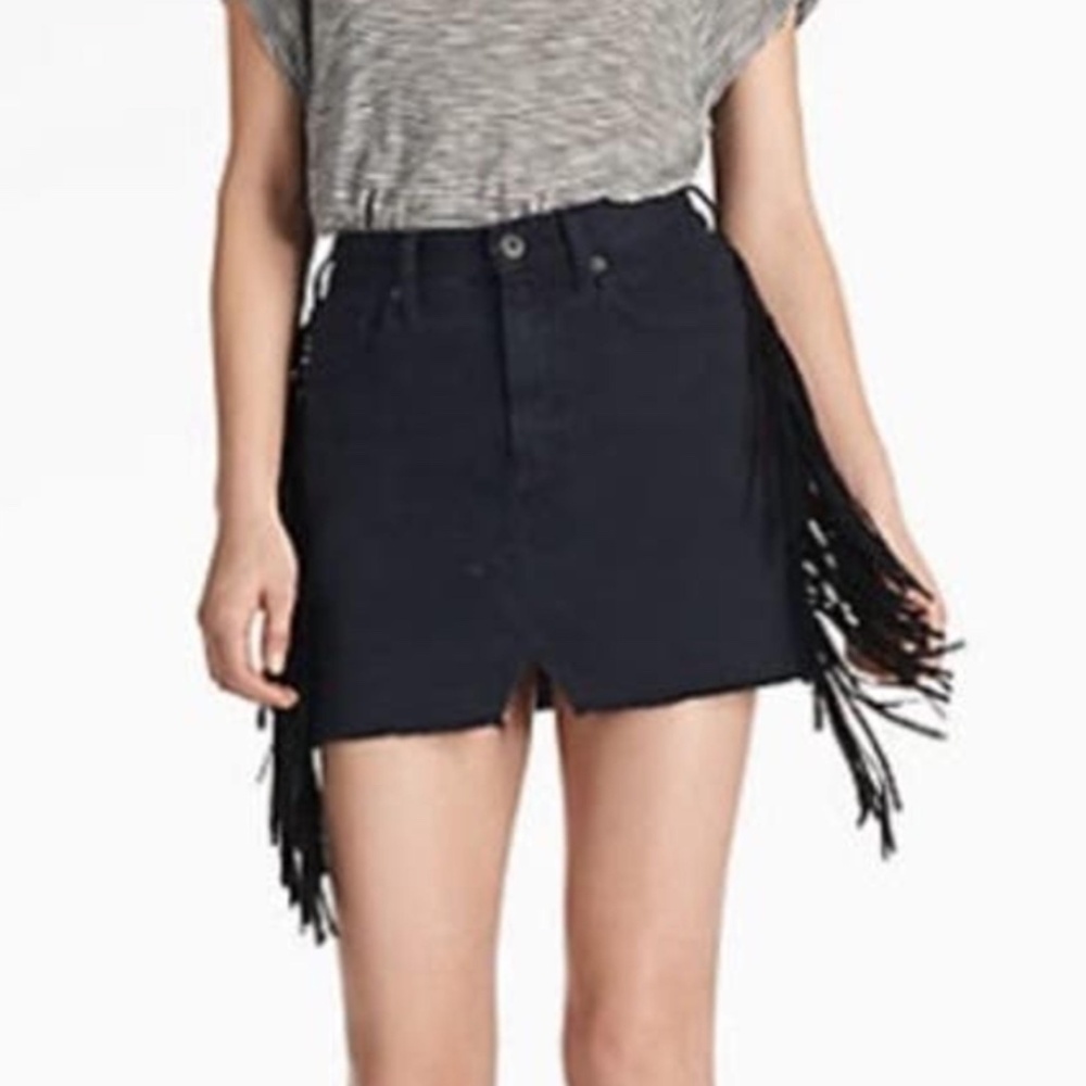 Lucky Brand | Black Denim Miniskirt w/ Suede Fringe | Size: 26/2